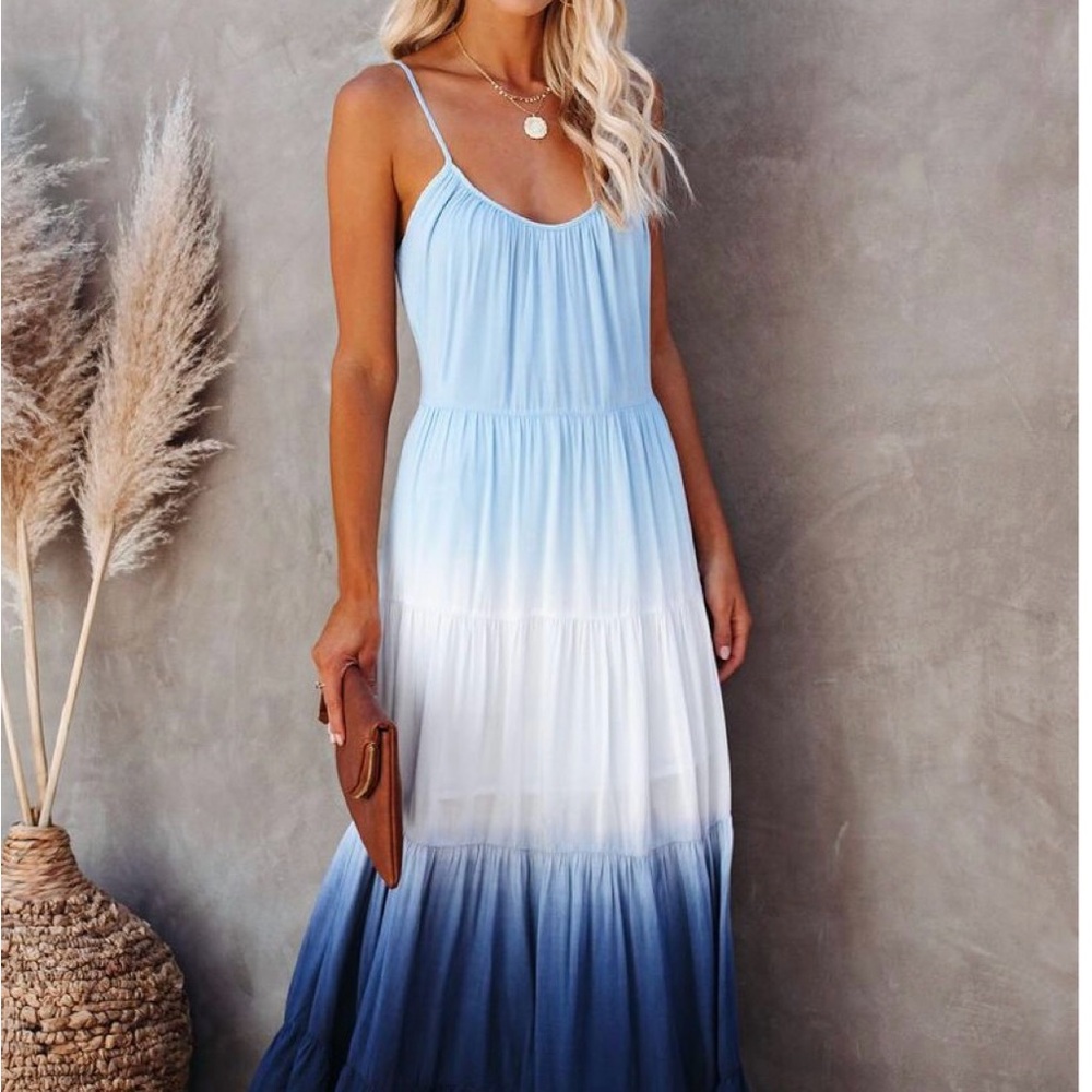 Love Riche Blue and White Spaghetti Strap Maxi Dress